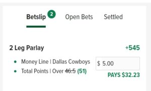 Cowboys vs 49ers longshot same-game parlay ticket at Caesars Sportsbook.