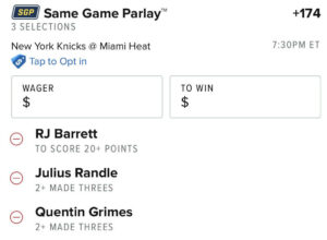 Knicks vs Heat Game 6 best same-game parlay ticket at FanDuel Sportsbook.
