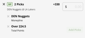 Nuggets vs Lakers Game 4 best same-game parlay ticket at DraftKings Sportsbook.