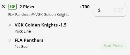 Game 1 Stanley Cup final longshot parlay Florida Panthers vs Vegas Golden Knights