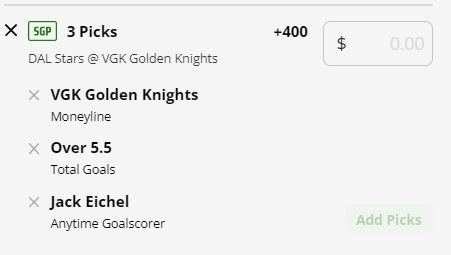Golden Knights vs Stars same-game parlay Game 1