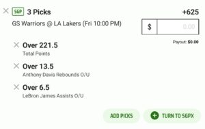 Warriors vs Lakers Game 6 longshot same-game parlay ticket at DraftKings Sportsbook.