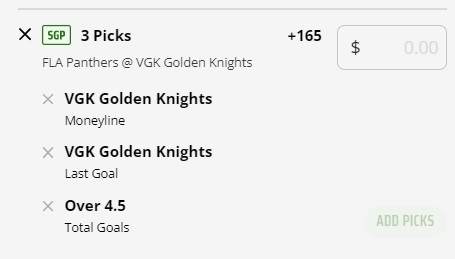 Game 2 same-game parlay Stanley Cup Final Vegas Golden Knights Florida Panthers