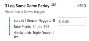 Nuggets vs Heat Game 4 best same-game parlay ticket at Caesars Sportsbook.